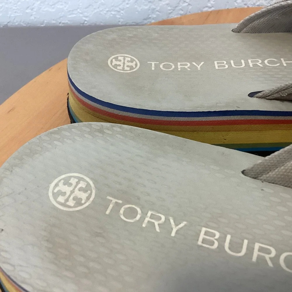 Tory Burch 70s Low Platform Flip‎ Flops Womens 10 Tan Rainbow Stripe S Flatform
